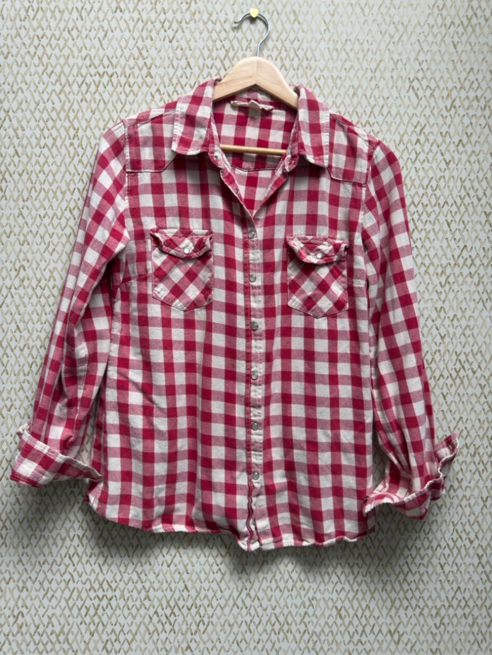 Lovestitch Button Down Shirt Red White Buffalo Check Plaid Cottagecore Size M
